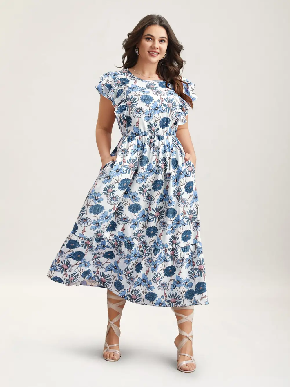 Ruffled Floral Print Stretchy-Waist Midi Dress