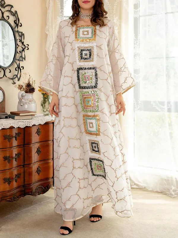Printed Bead Embroidery Flare Sleeves Long Dress