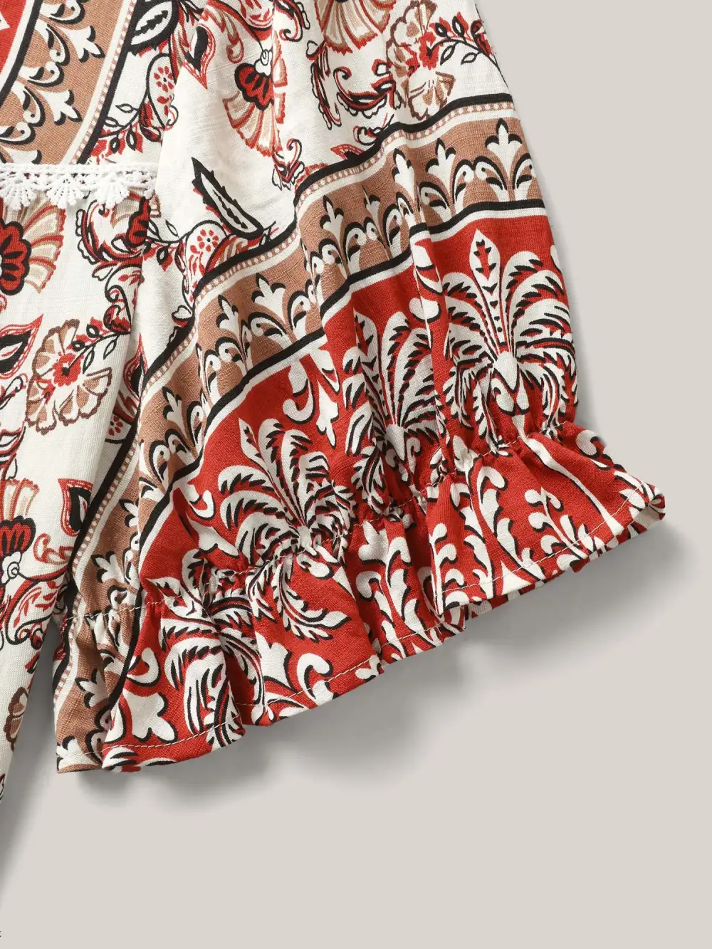 Boho Floral Print Neck Tassels Blouse