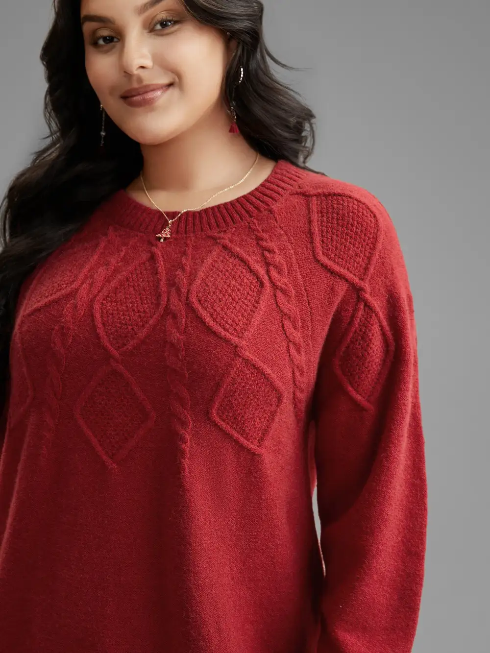 Cable Knit Bodice Crew-Neck Pullover