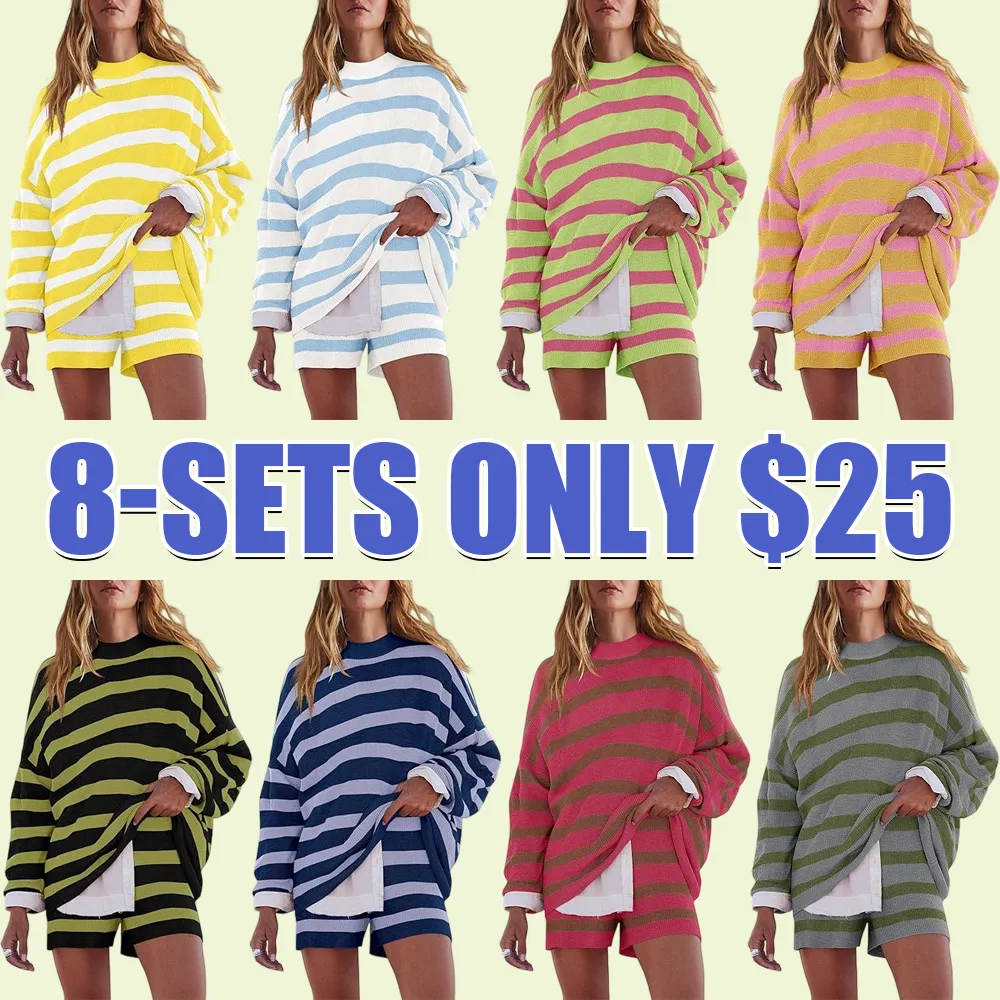 Womens Oversized Lounge Sets 2 Piece Outfits Striped Matching Pajama Set Long Sleeve Sweater Set