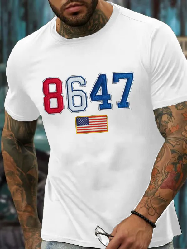 Men'S T-Shirt Men'S Vintage 8647 Flag Print T-Shirt Round Neck Cotton Short Sleeves