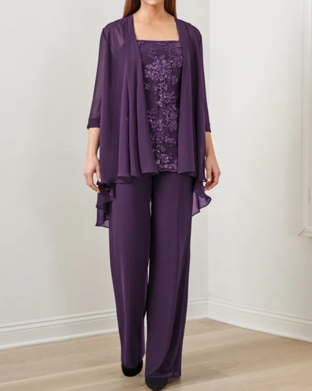 Suit Sequined Chiffon Embroidered Top + Chiffon Long Pants