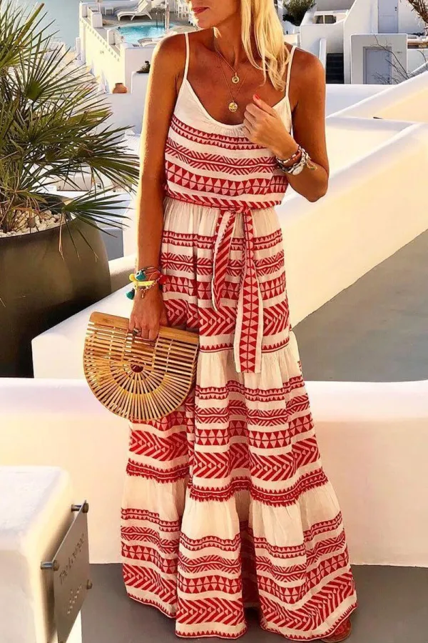 Florcoo Geometric Printed Loose Ankle Length Dress（4 colors）