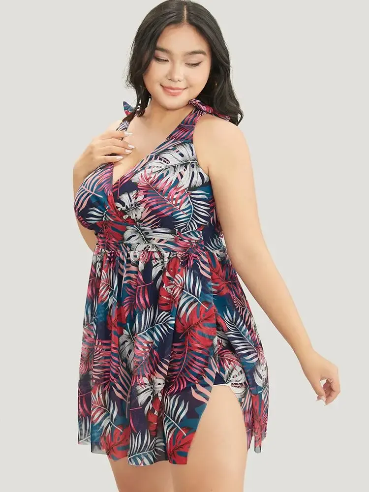 Tropical Print Bow Sculpt Waist Split Swim Dress