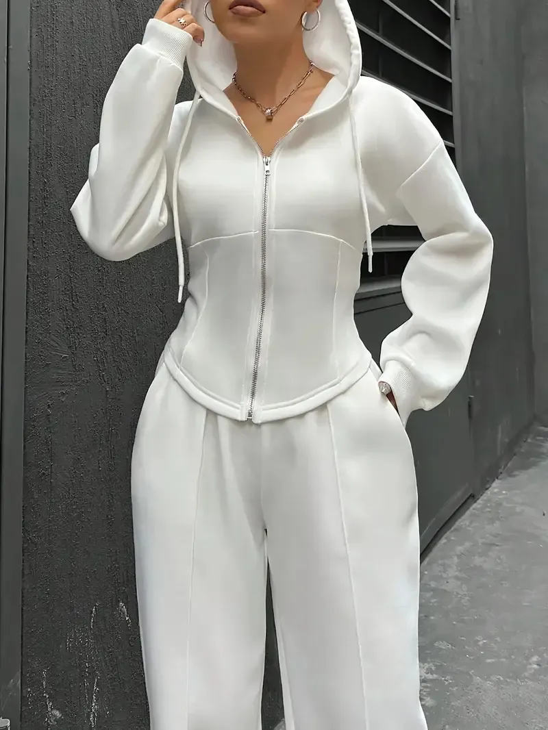 [All Seasons Polyester Hooded Tracksuit] Women'S Elegant Solid Color Polyester Hooded Tracksuit Set with Drawstring and Zipper Details – Knit Fabric Pantsuit for All Seasons