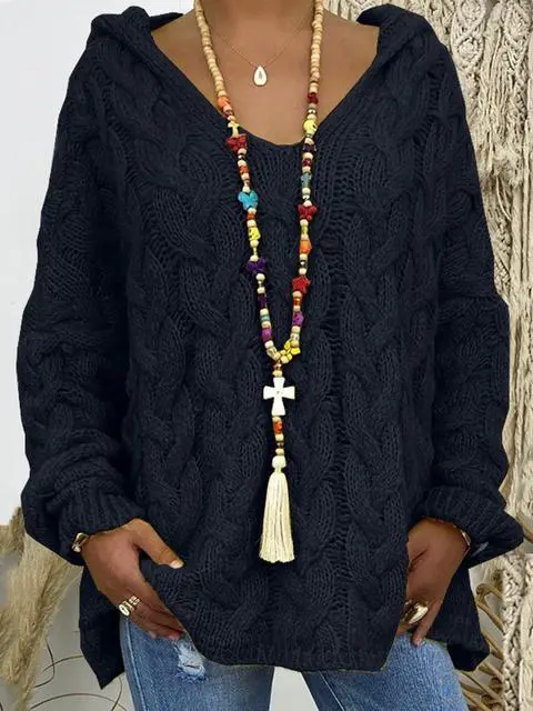 Solid Color Twist Knitting Hoodie Sweater