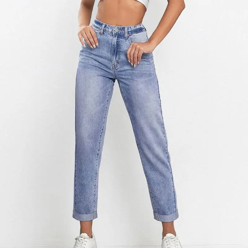 Women's Mid-Rise Tapered Jeans – Casual Street Style Fall Denim Pants