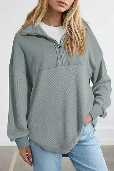Oversized Waffle Knit Half Zip Pullover Soft Polyester Blend Long Sleeve Sweatshirt