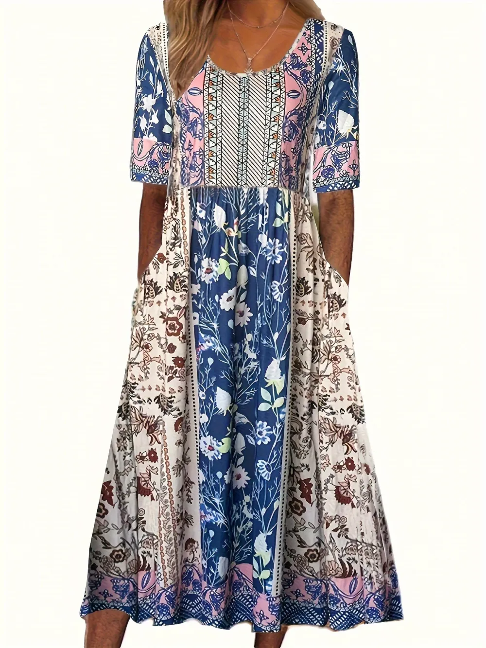 Floral Print Crew Neck Dress, Casual Short Sleeve Dress For Spring & Summer