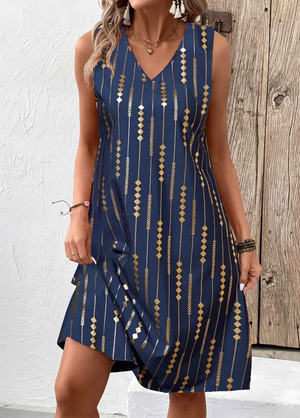 Blue Hot Stamping Geometric Print A Line Sleeveless Dress