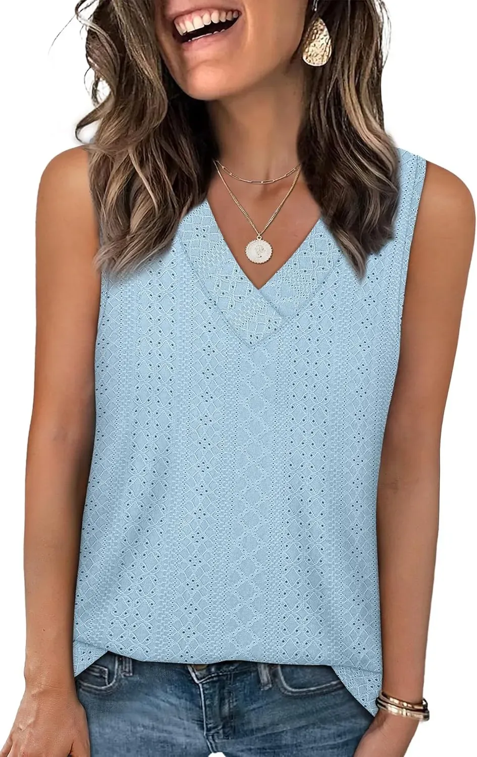 ✨Women Summer Outfits V Neck Tank Trendy Eyelet Sleeveless Basic T Shirts