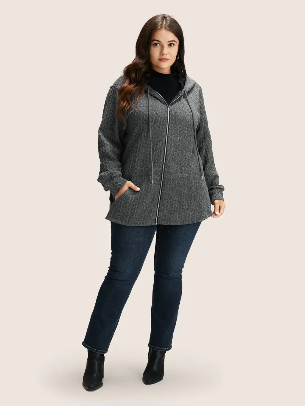Plain Textured Zipper Hooded Sweatshirt