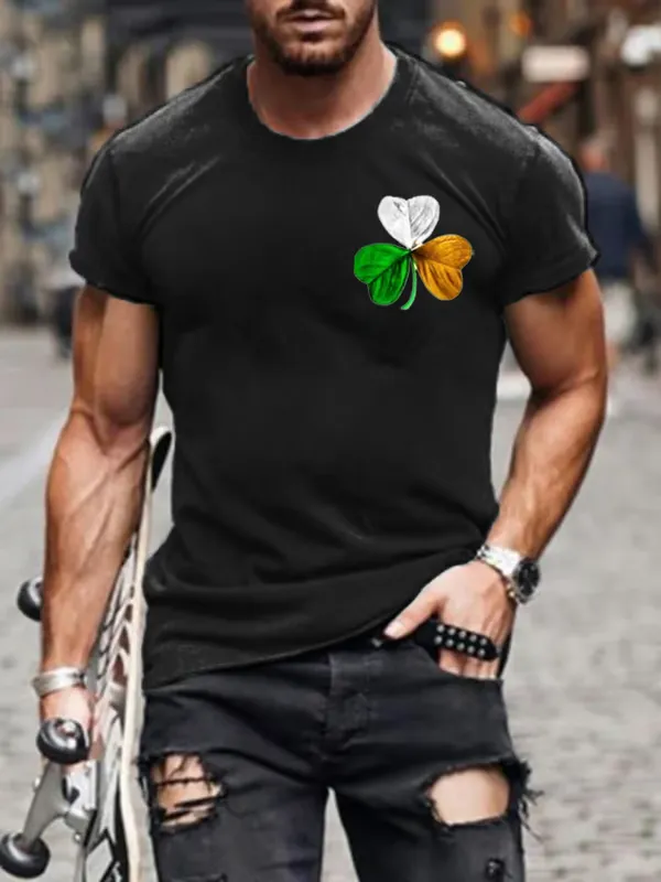 Men'S T-Shirt Men'S St Patrick'S Day Printed T-Shirt Pure Cotton Round Neck Clover Print Short Sleeve