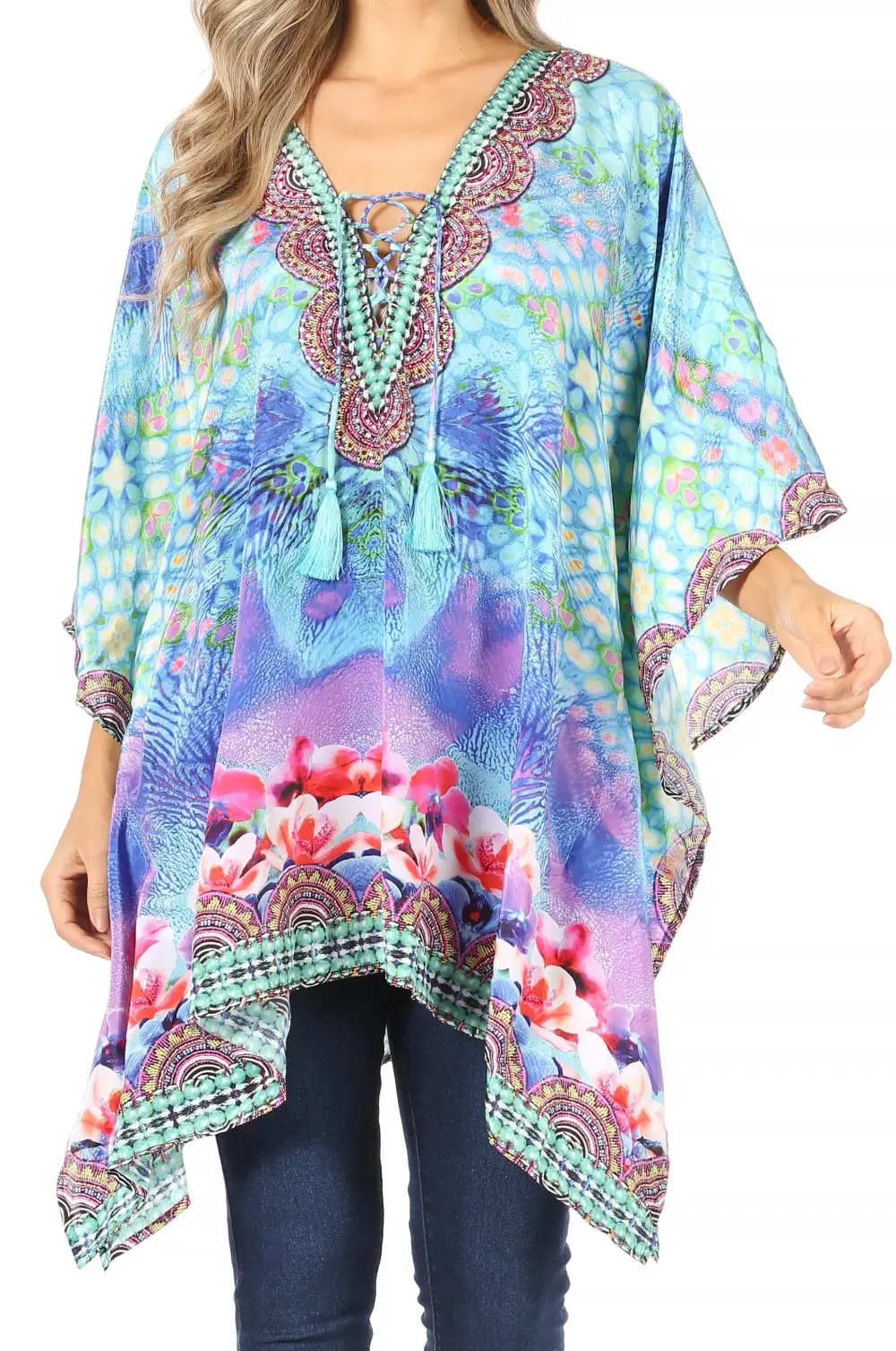 Women's Caftan Poncho Cover up V neck Top Lace up With Rhinestone