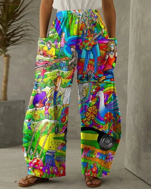 Hippie Print Pocket Elastic Waist Lounge Pants
