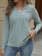 Women's T Shirt Casual Long Sleeve Regular Tops V Neck Daily Light Brown Blue Green Rose Pink Spring Fall