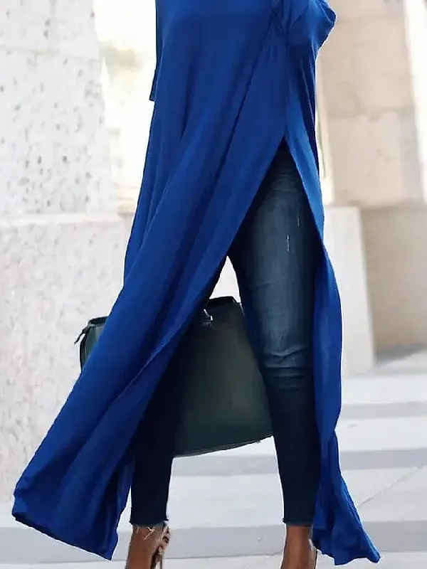 Casual Three-Quarter Sleeves Split-Side Solid Color High-Neck T-Shirts Tops
