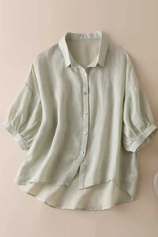 Solid Puff Sleeve Button Up Linen Blouse