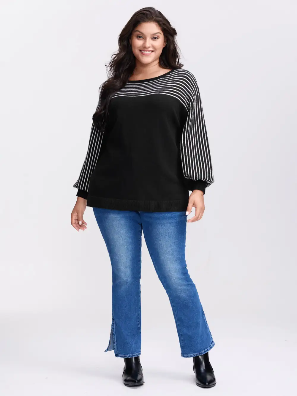 Stripe Boat Neck Balloon Sleeve Pullover