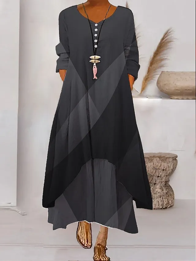 Women's Color Block Long Maxi Dress Button Layered Casual Dress Swing Dress Print Dress Fashion Modern Daily Vacation Weekend 3/4 Length Sleeve Crew Neck Dress Loose Fit Silver Black White