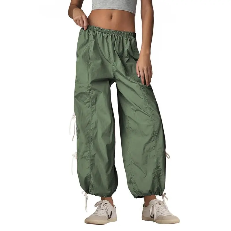 Women's Parachute Cargo Pants – High Waist, Elastic Drawstring Hiking Trousers with Pockets