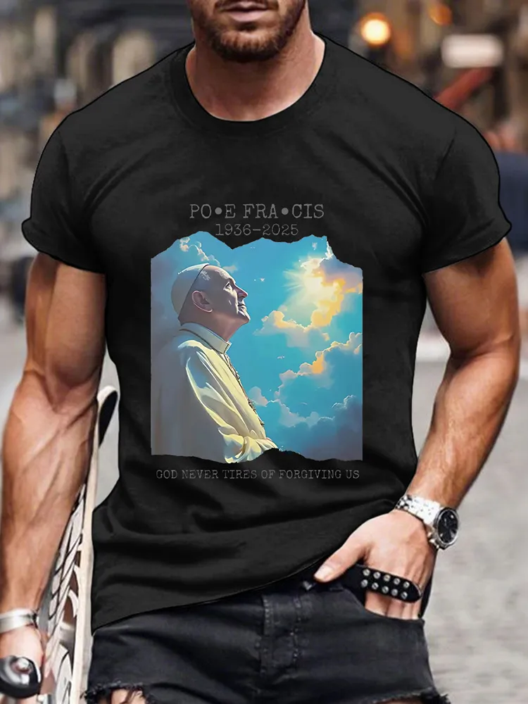 Men's Rip 1936-2025 God Never Tires Of Forgiving Us Print Short Sleeve Round Neck Cotton T-Shirt