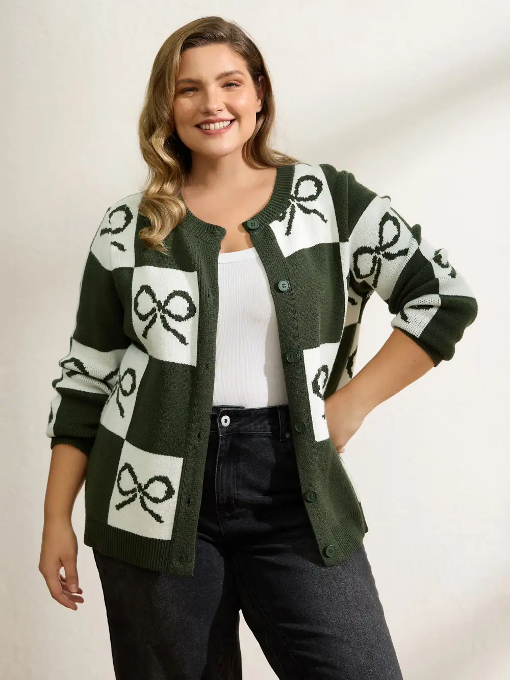 Checkered Bowknot Contrast Knit Cardigan