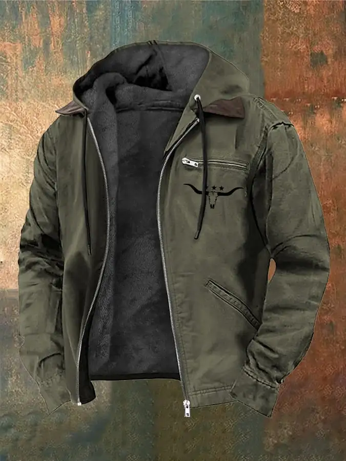 Men's Vintage Plush Western Bull Head Print Zipper Jacket