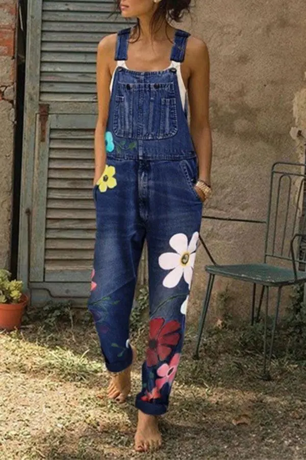 Florcoo Flower-printed Baggy Jeans With Suspenders(3 Colors)