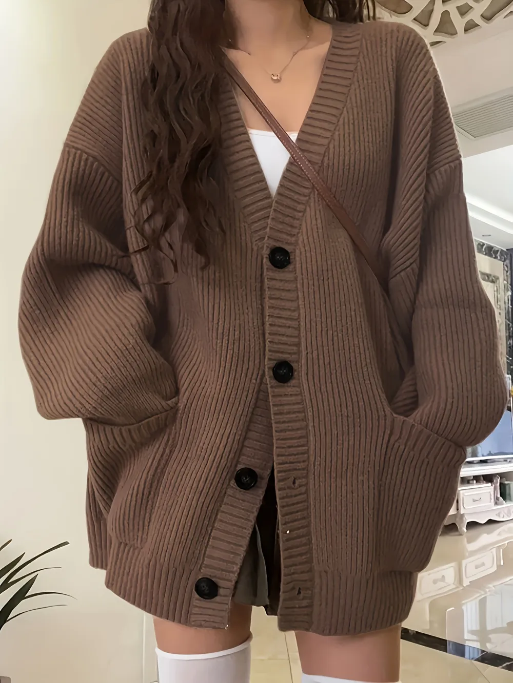 Vibrant Solid Color Knitted V-Neck Cardigan - Soft Micro Elastic Polyester Fabric, Button Front, Casual Long Sleeve Design for Fall & Winter