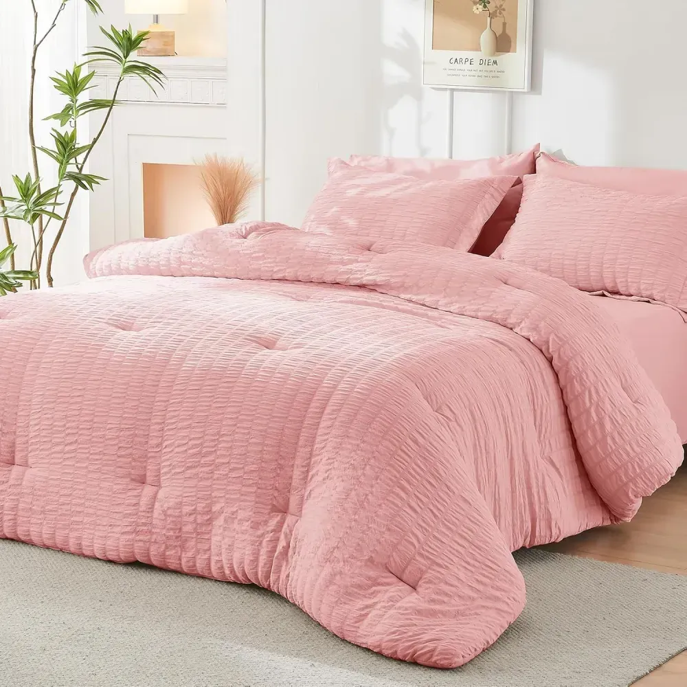 Queen Comforter Set Seersucker 7 Pieces, All Season Luxury Bed in a Bag for Bedroom, Bedding Set with Comforters, Sheets, Pillowcases & Shams, Dark Grey