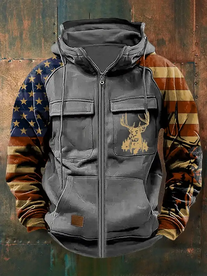 Men's Vintage Western Deer Print Multi-Pocket Jacket