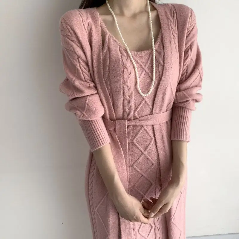 2023 Fashion Women Sweater Suits - Solid Color Long Cardigan Sweater + Knitted Suspender Dress Two-Piece Sets