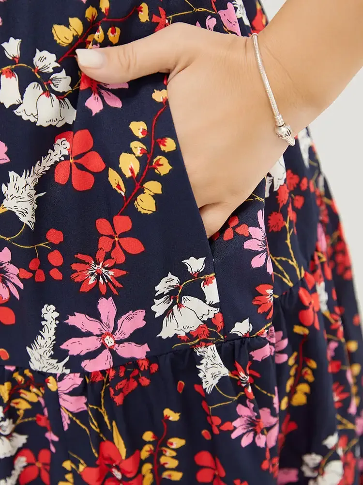 Floral Shirred Mock Neck Cut Out Pocket Ruffle Hem Dress