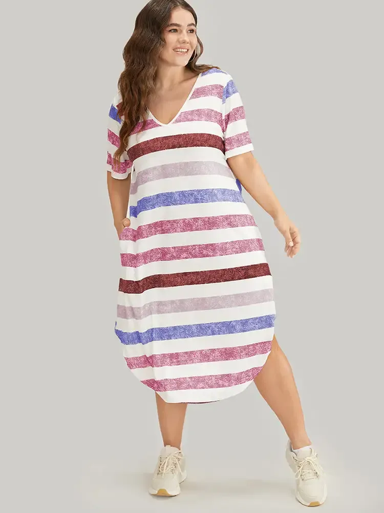 Striped Contrast Arc Hem V Neck Pocket Dress