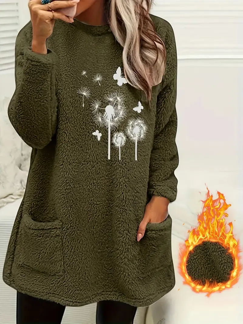 Chic & Cozy Dandelion-Butterfly Print Crew Neck Sweatshirt - Casual, Warm Winter Essential with Pocket