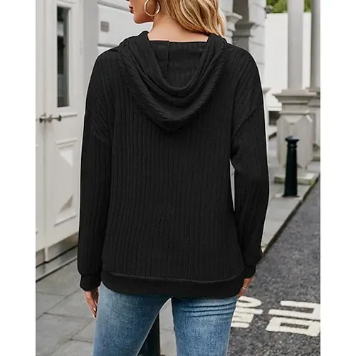 Women's Texture Sweatshirt Waffle Sweatshirt  Pullover Hoodie Sweatshirt Plain Streetwear Casual Long Sleeve Hooded Regular Tops Street Holiday Going out Buttons Black White Pink Wine Fall Winter