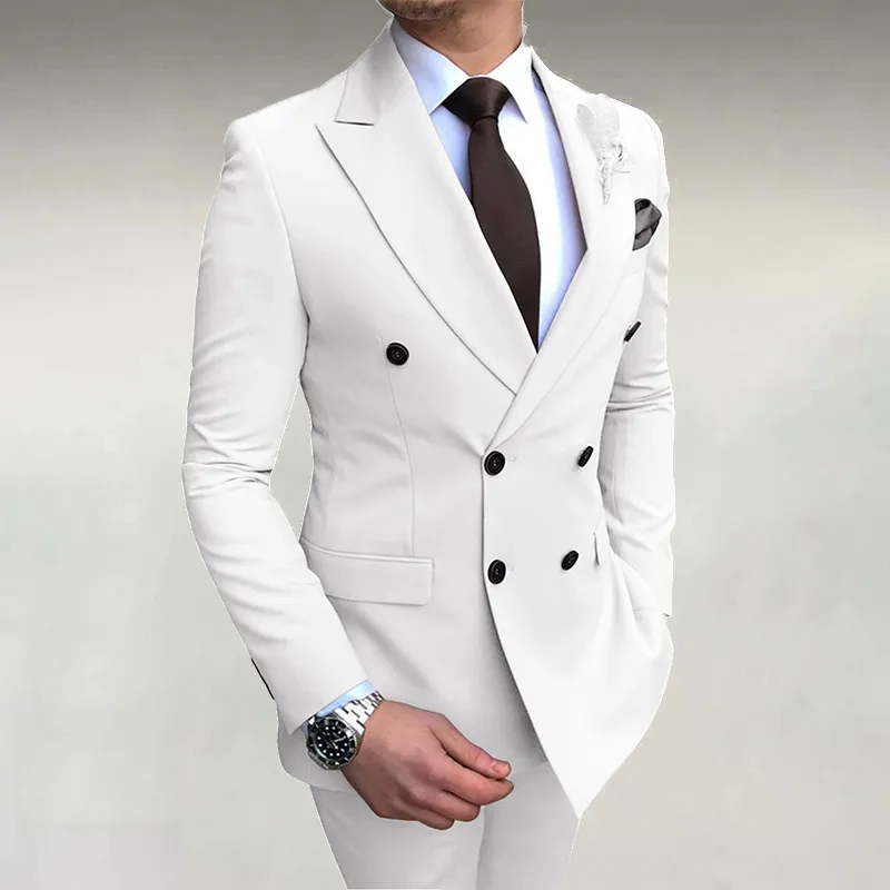 Men's Business Solid Double-Breasted Pocket Lapel Collar Lapel Blazer& Pants 2Pcs Set