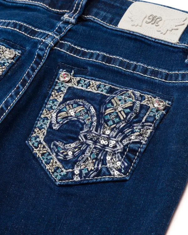 Girls Metallic Turquoise Fleur De Lis Bootcut Jeans