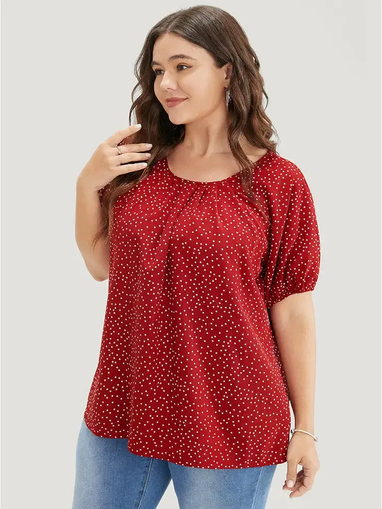 Polka Dot Pleated Round Neck Puff Sleeve Blouse