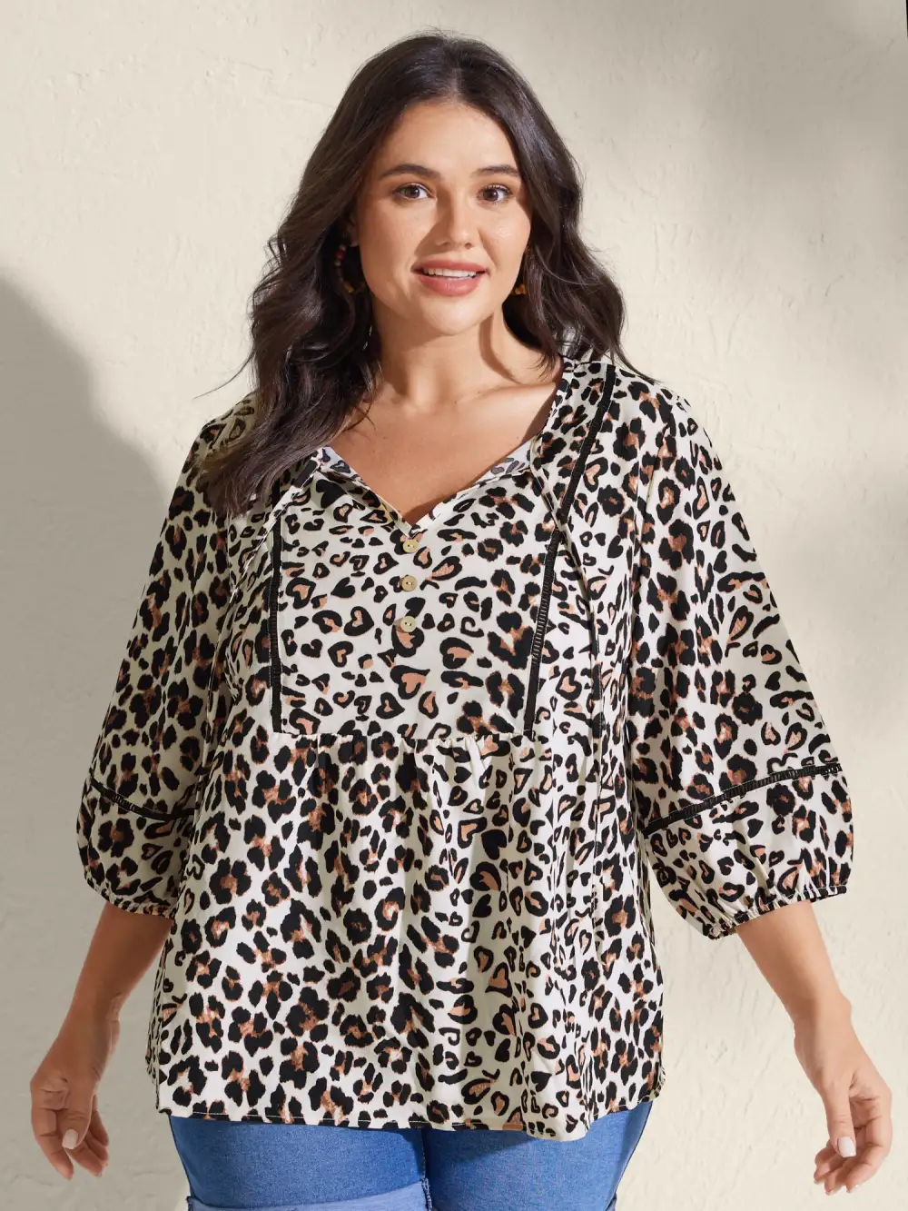 Leopard Print Lace Trim Buttons Blouse