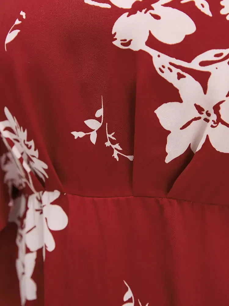 Floral Printed Plicated Detail Flutter Sleeve Blouse