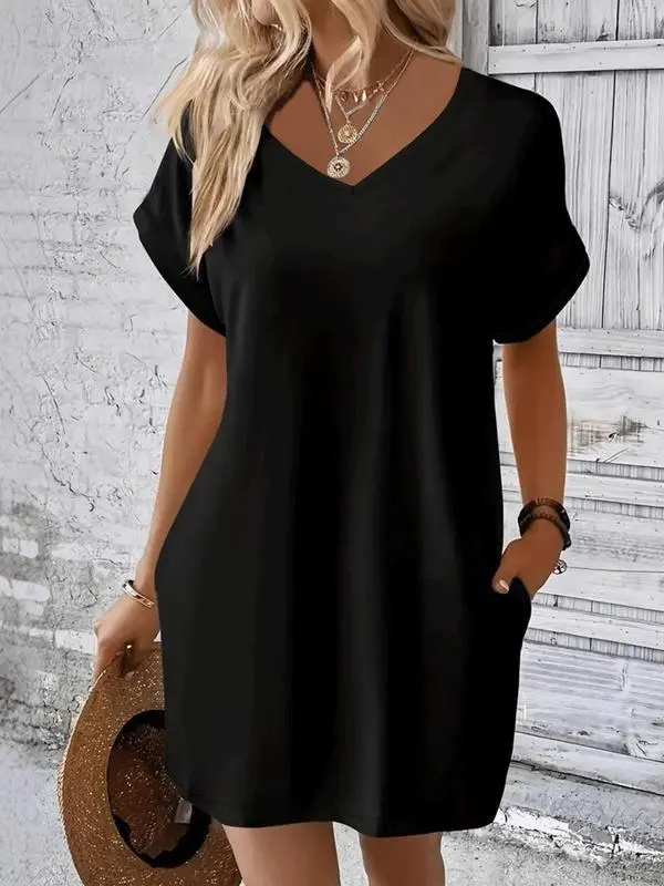 Women's V-Neck T-Shirt Dress – Casual Short Sleeve Summer Dress for Everyday Wear
