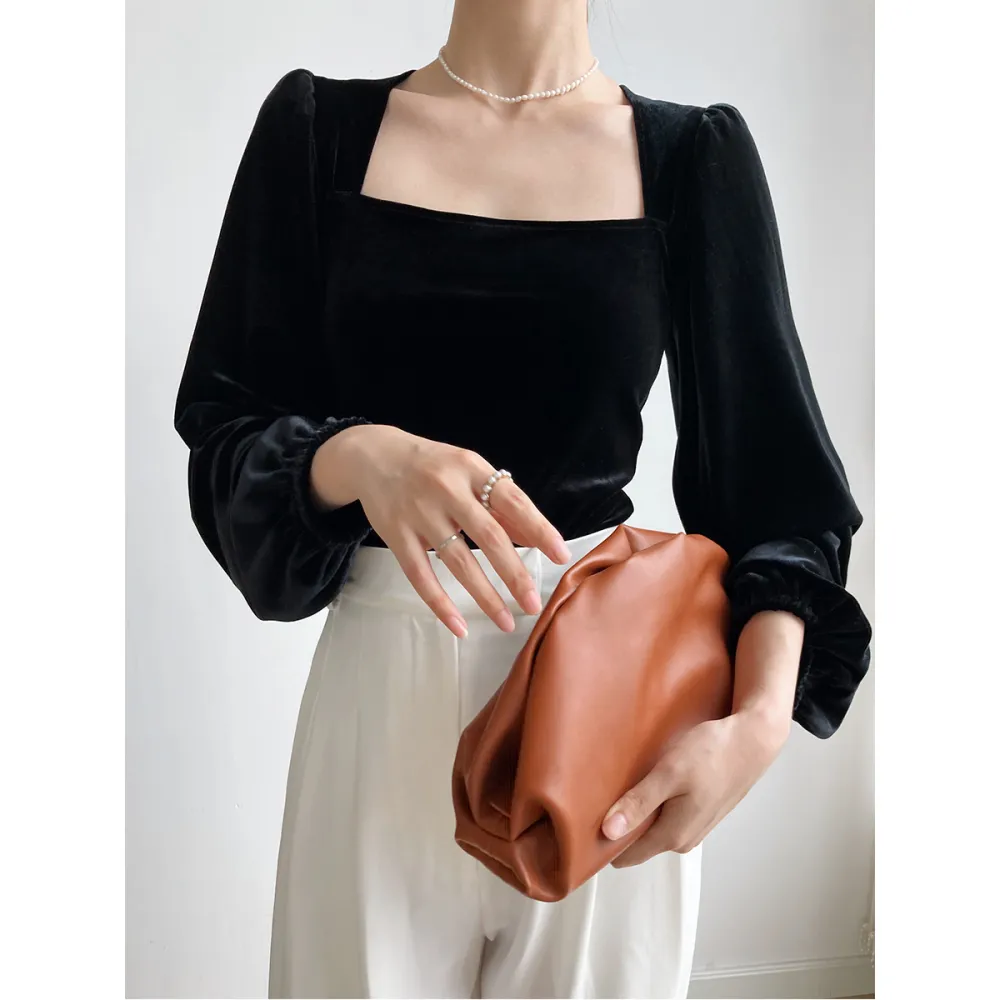 Black Velvet Square Collar Bubble Sleeve Blouse