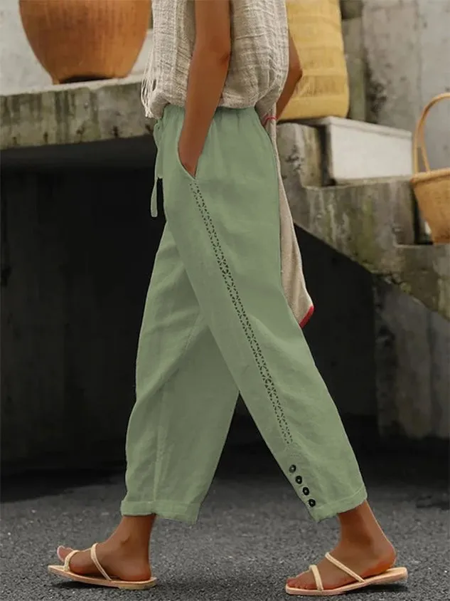 Casual Plain Lace Mesh Side Solid Drawstring Cotton Pant