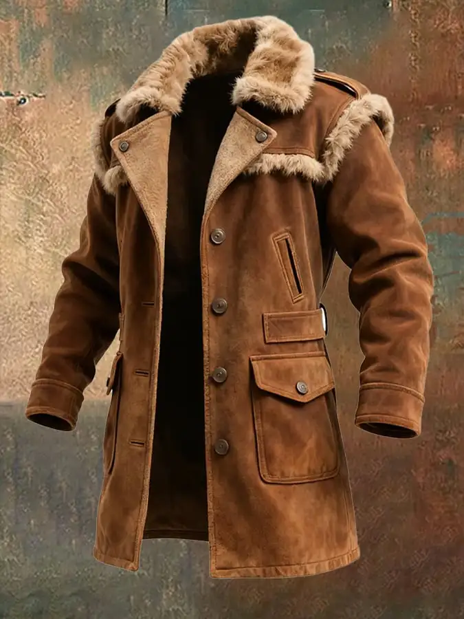 Men's Vintage Brown Shearling Coat With Fur Collar