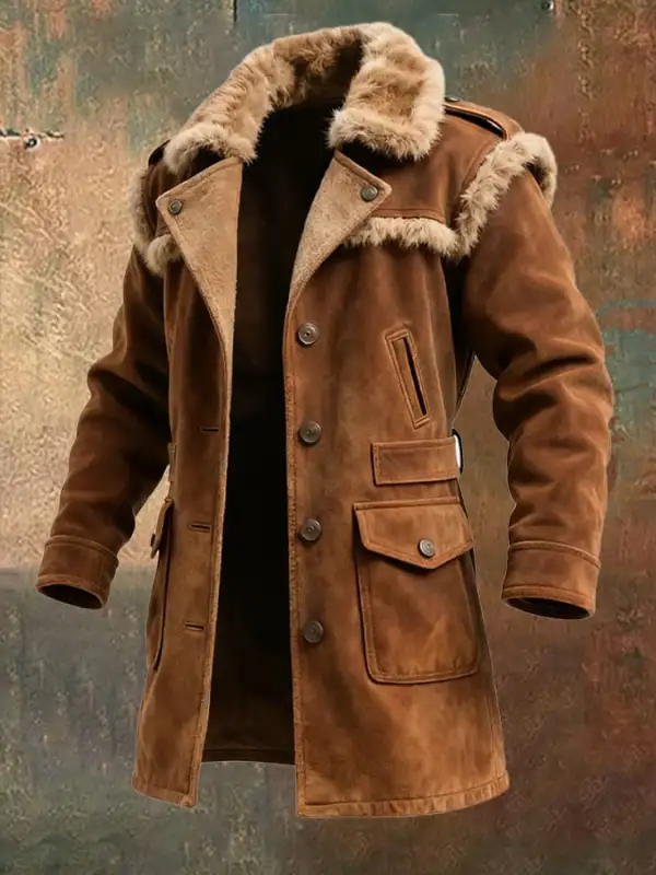 Men's Vintage Brown Shearling Coat With Fur Collar