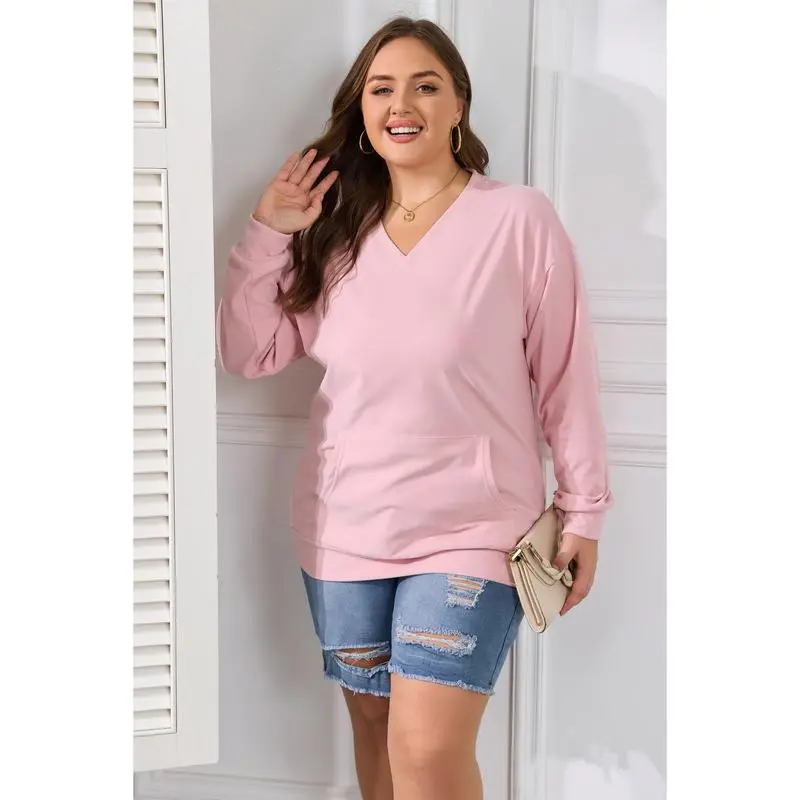 Women's Hoodless V-neck Sweatshirt With Kangaroo Pocket Fleece Longsleeve Oversized Casual Style Shirt