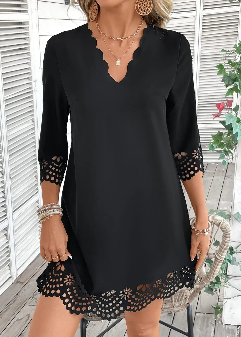 Black A Line 3/4 Sleeve V Neck Dress